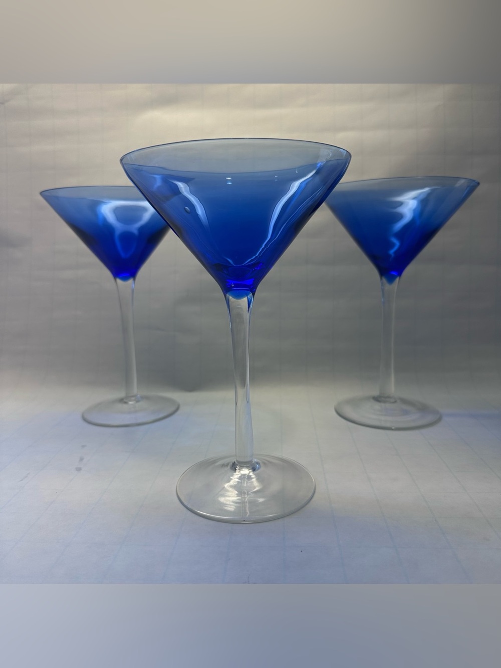 Pottery Barn Cobalt Blue Martini Glasses 7" Clear Stem Hand Blown Set of 3 Y2K
